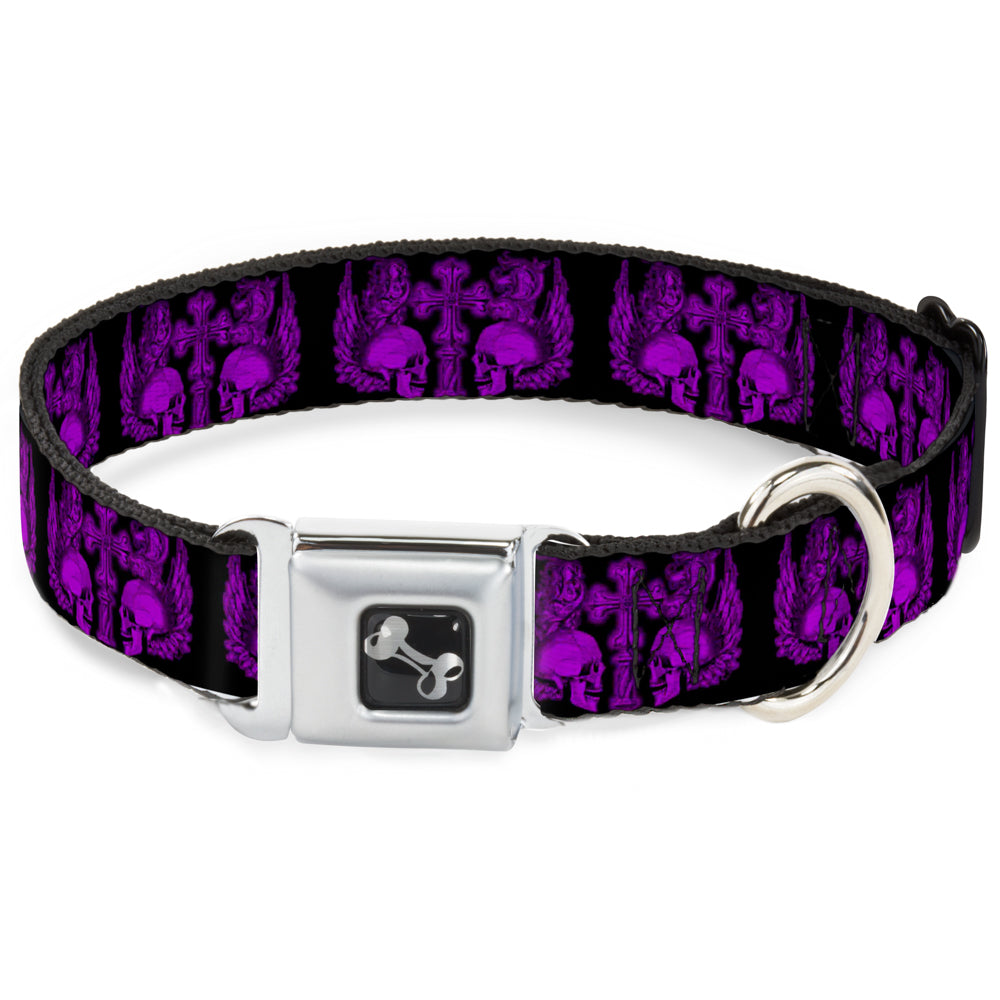 Dog Bone Seatbelt Buckle Collar - BD Skulls w/Wings Black/Purple