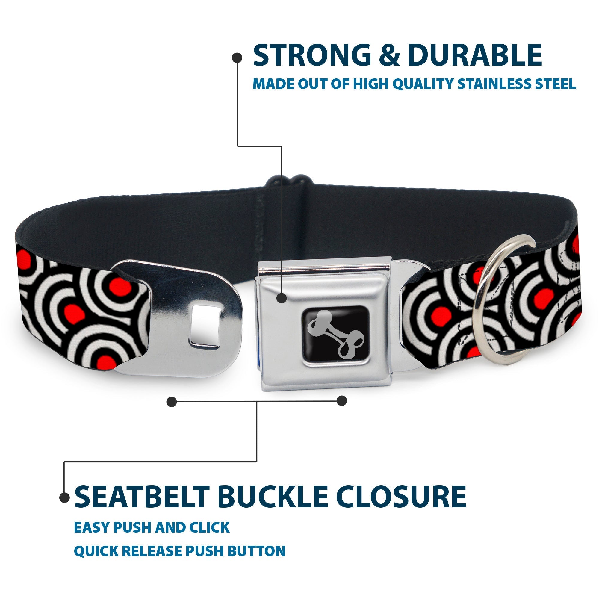 Dog Bone Seatbelt Buckle Collar - Bullseye Stacked Black/White/Red