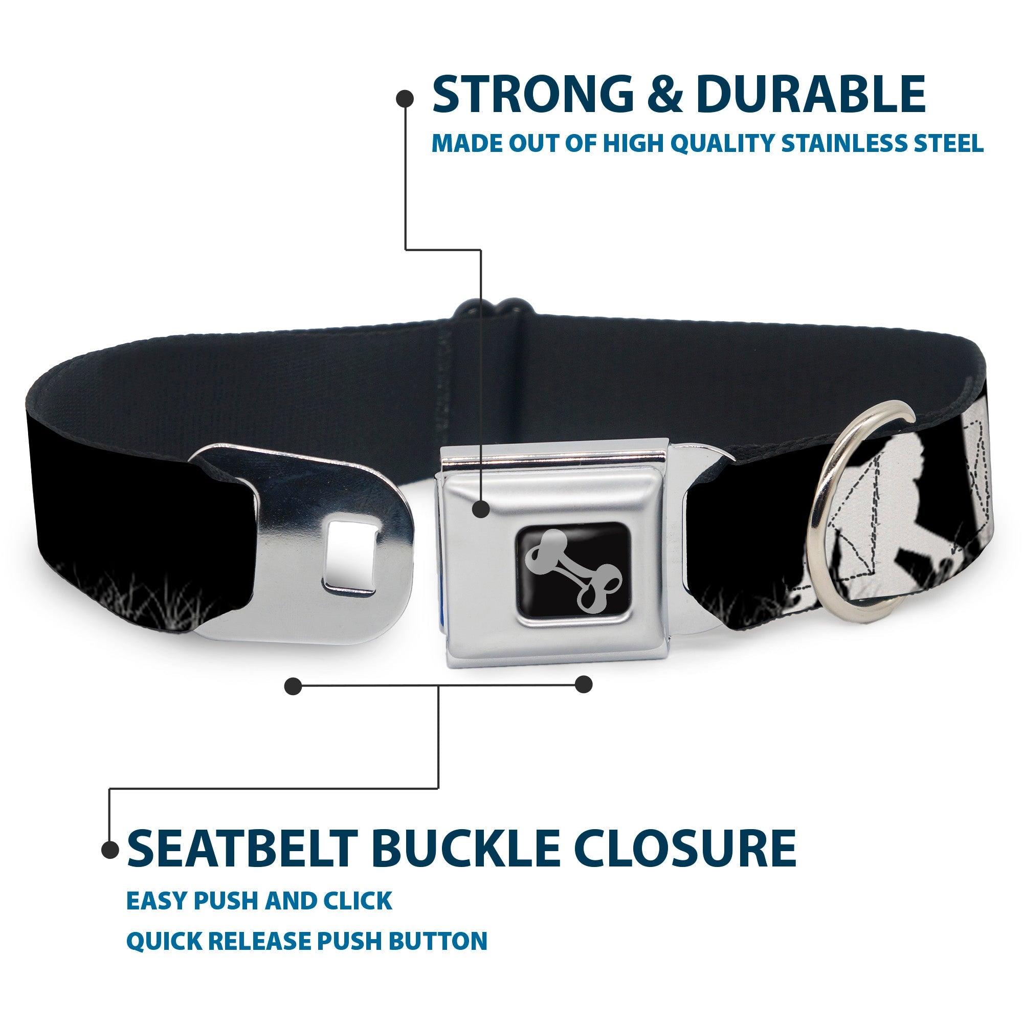 Dog Bone Seatbelt Buckle Collar - Bigfoot Silhouette I BELIEVE Black/Gray/White