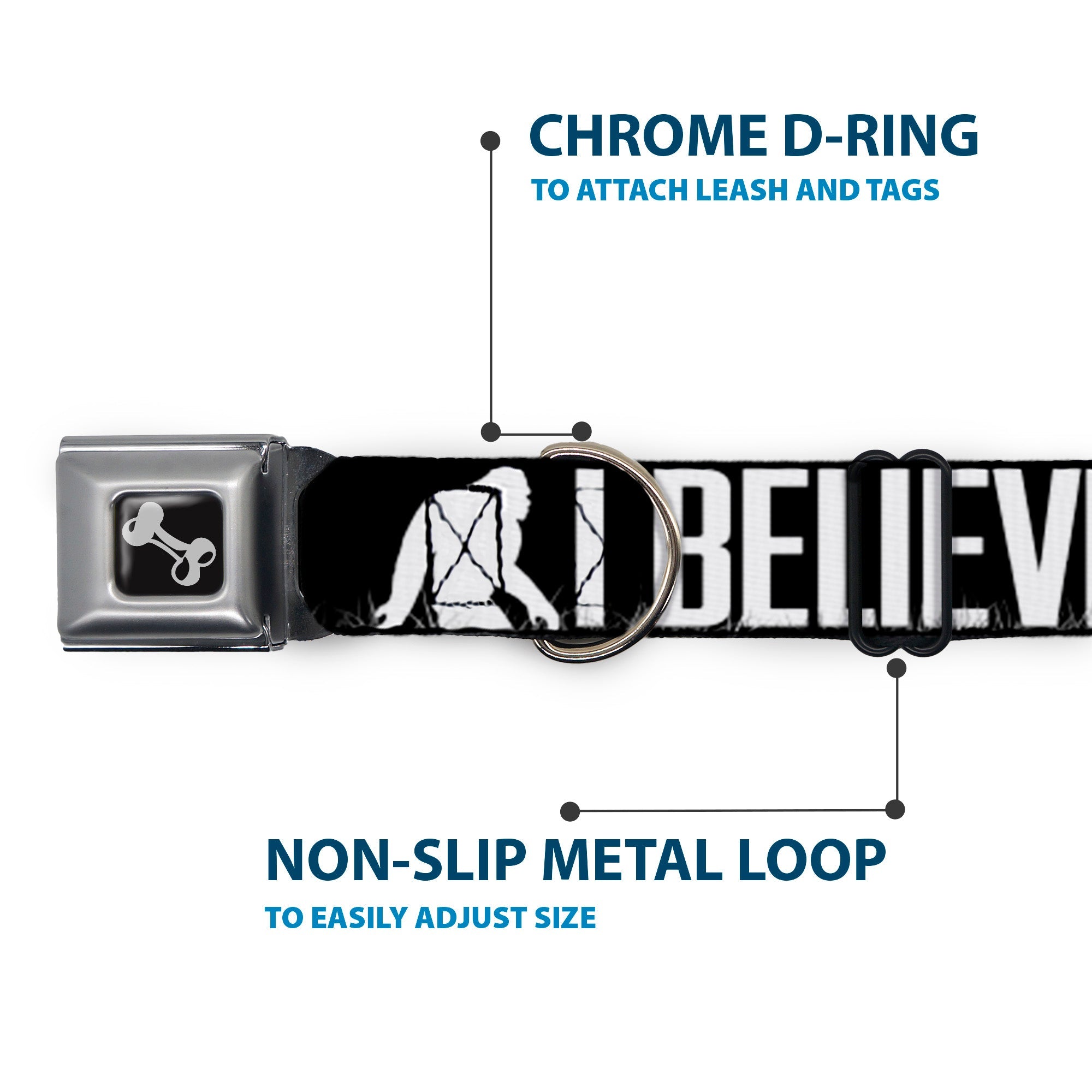 Dog Bone Seatbelt Buckle Collar - Bigfoot Silhouette I BELIEVE Black/Gray/White