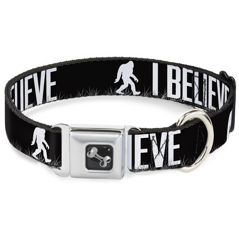 Dog Bone Seatbelt Buckle Collar - Bigfoot Silhouette I BELIEVE Black/Gray/White