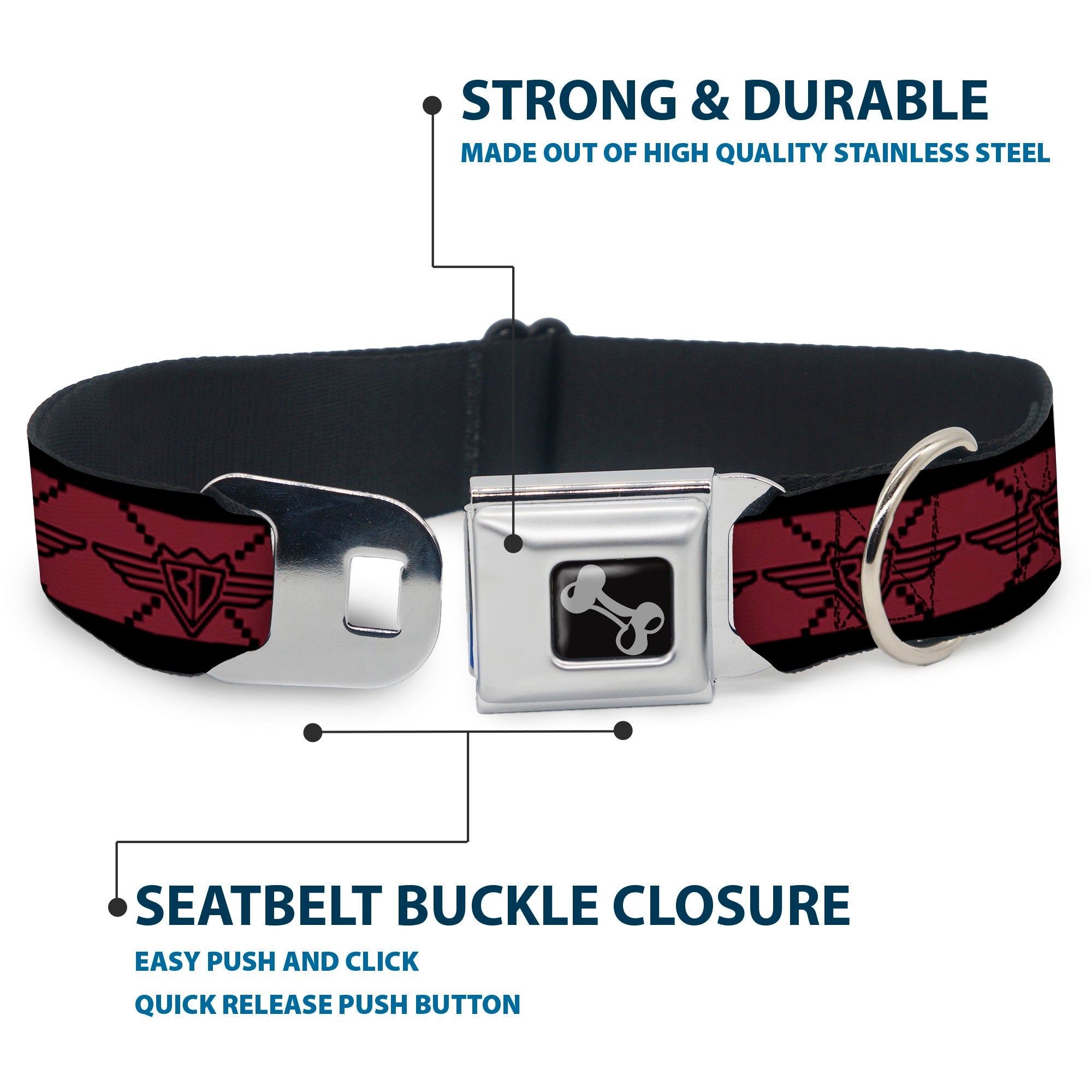 Dog Bone Seatbelt Buckle Collar - BD Monogram2 Red/Black