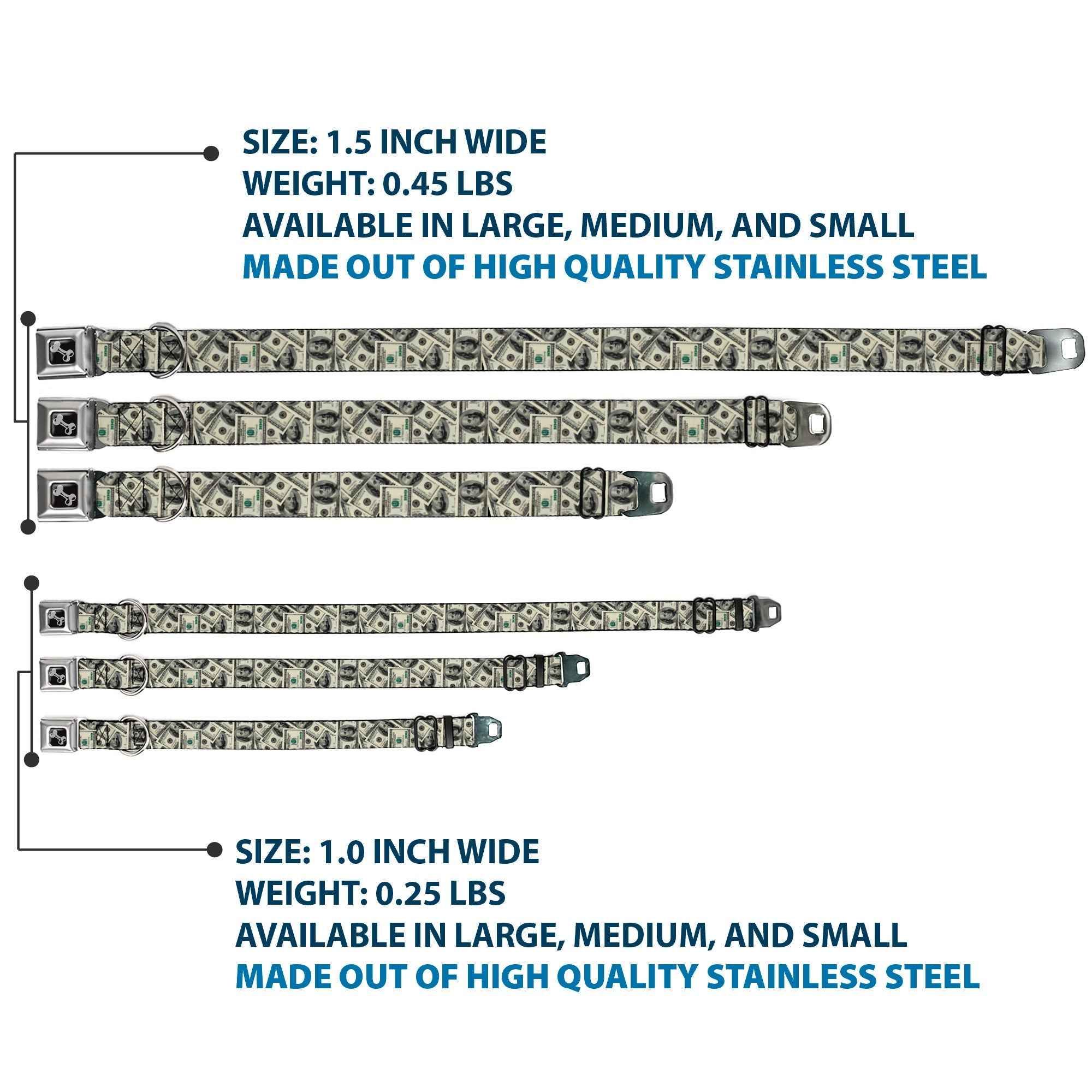 Buckle-Down Benjamins2 Stacked Seatbelt Buckle Dog Collar