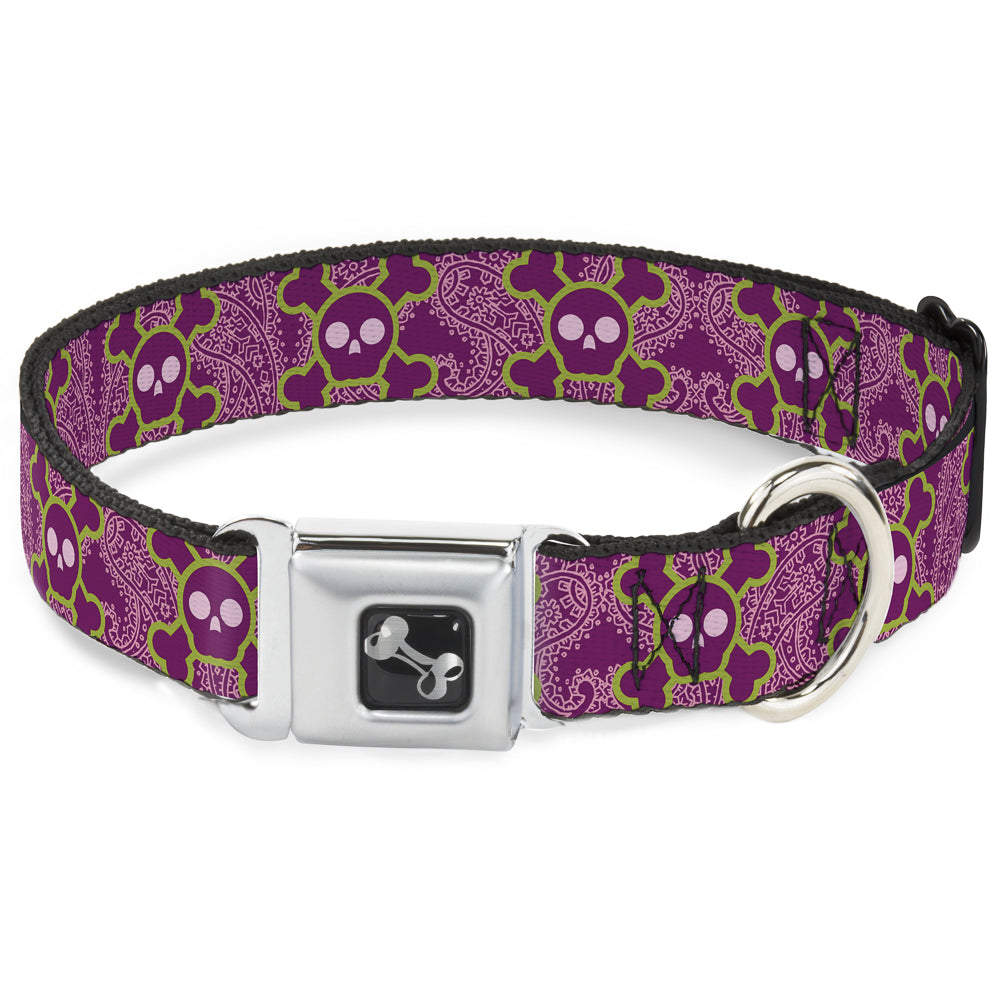 Dog Bone Seatbelt Buckle Collar - Cute Skulls w/Paisley Purple/Pink/Green