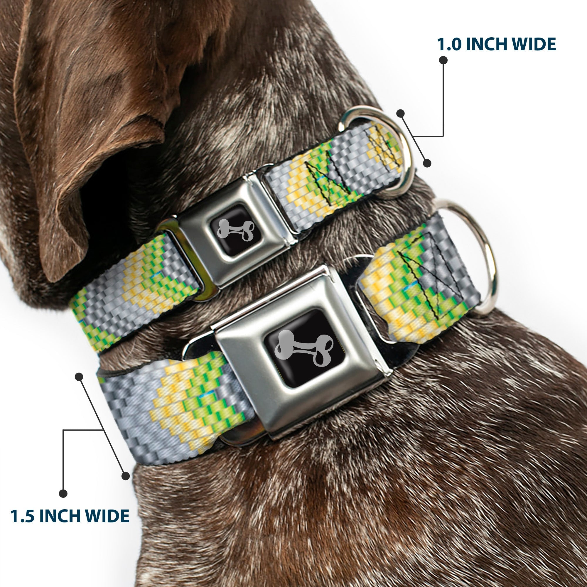 Dog Bone Seatbelt Buckle Collar - Chevron Weave Grays/Yellow/Green