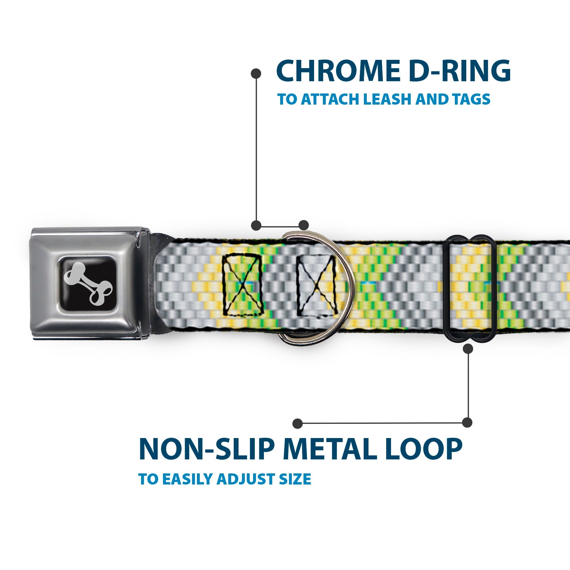 Dog Bone Seatbelt Buckle Collar - Chevron Weave Grays/Yellow/Green