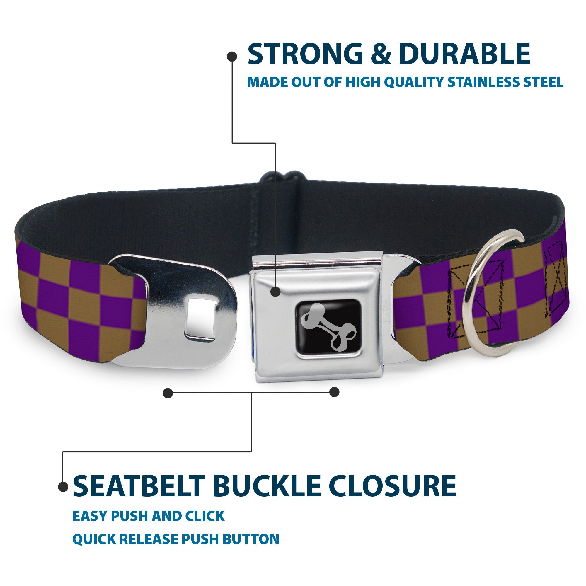 Dog Bone Seatbelt Buckle Collar - Checker Purple/Gold