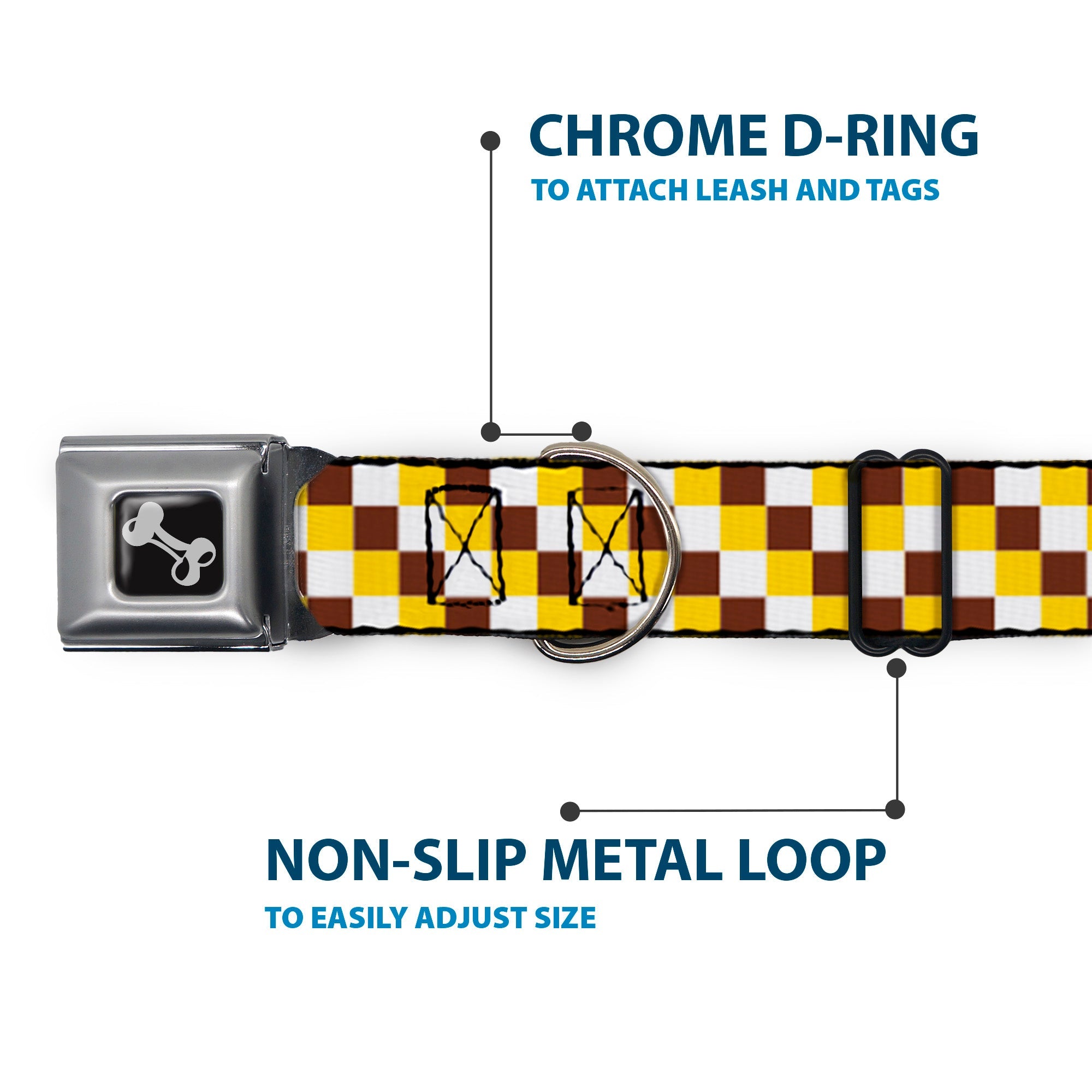Dog Bone Seatbelt Buckle Collar - Checker White/Gold/Brown