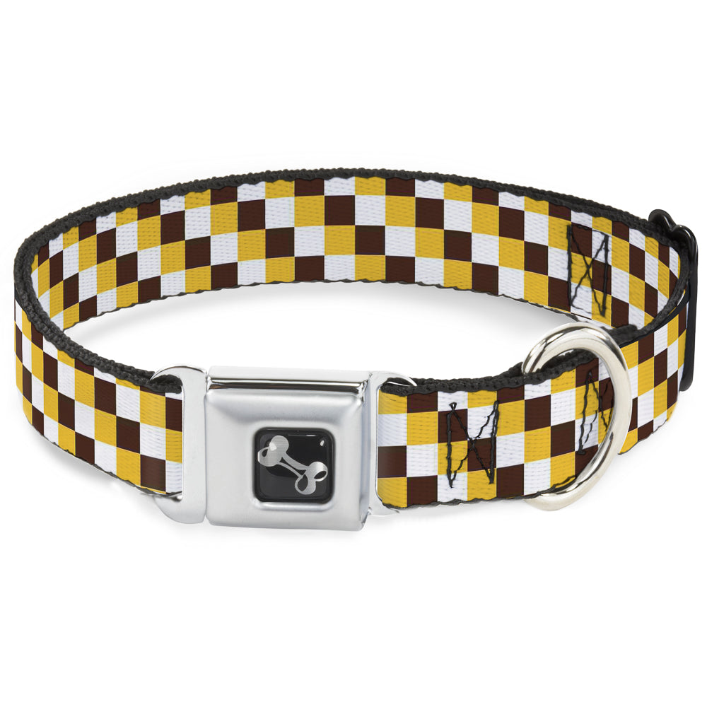 Dog Bone Seatbelt Buckle Collar - Checker White/Gold/Brown