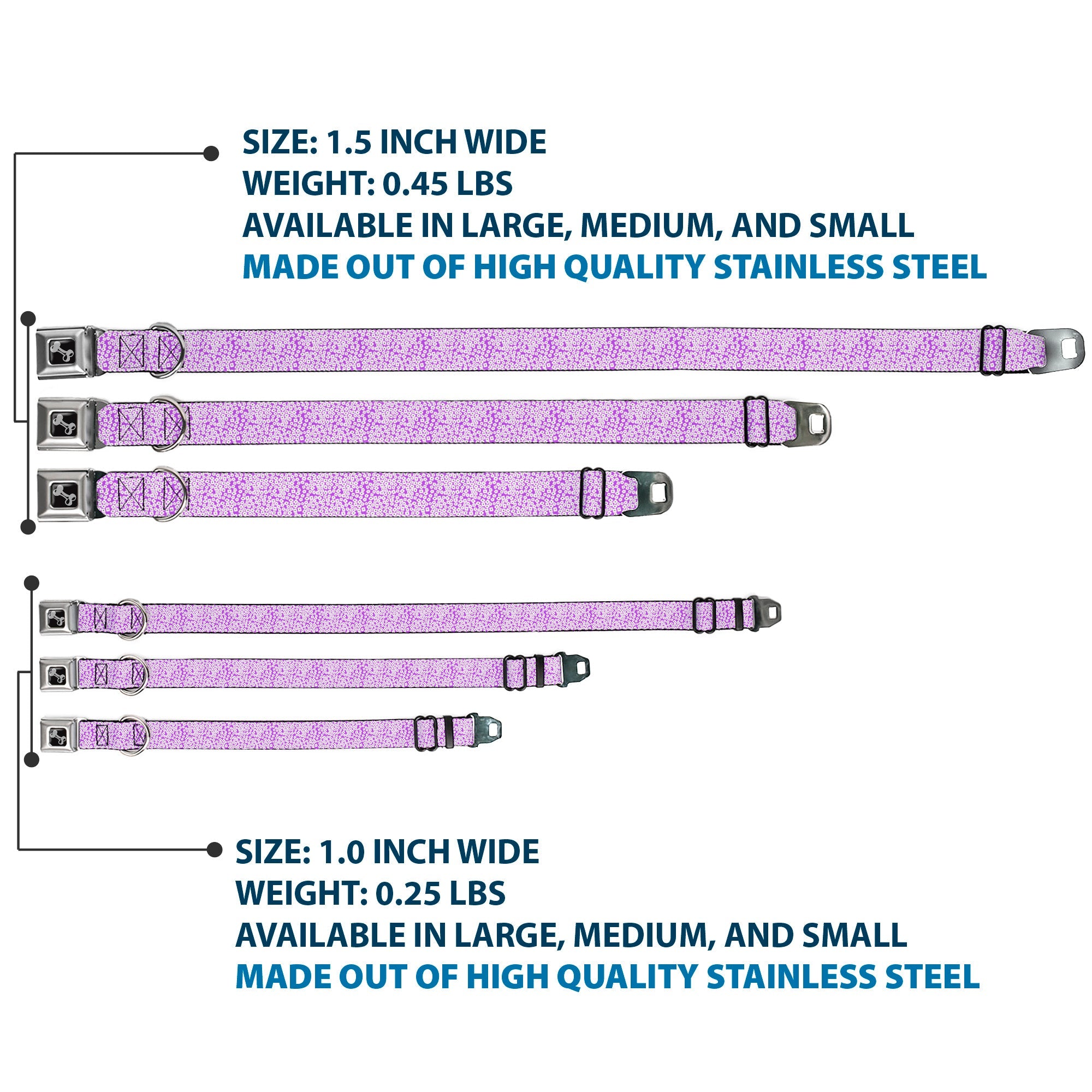 Dog Bone Seatbelt Buckle Collar - Ditsy Floral Lavender/White/Black