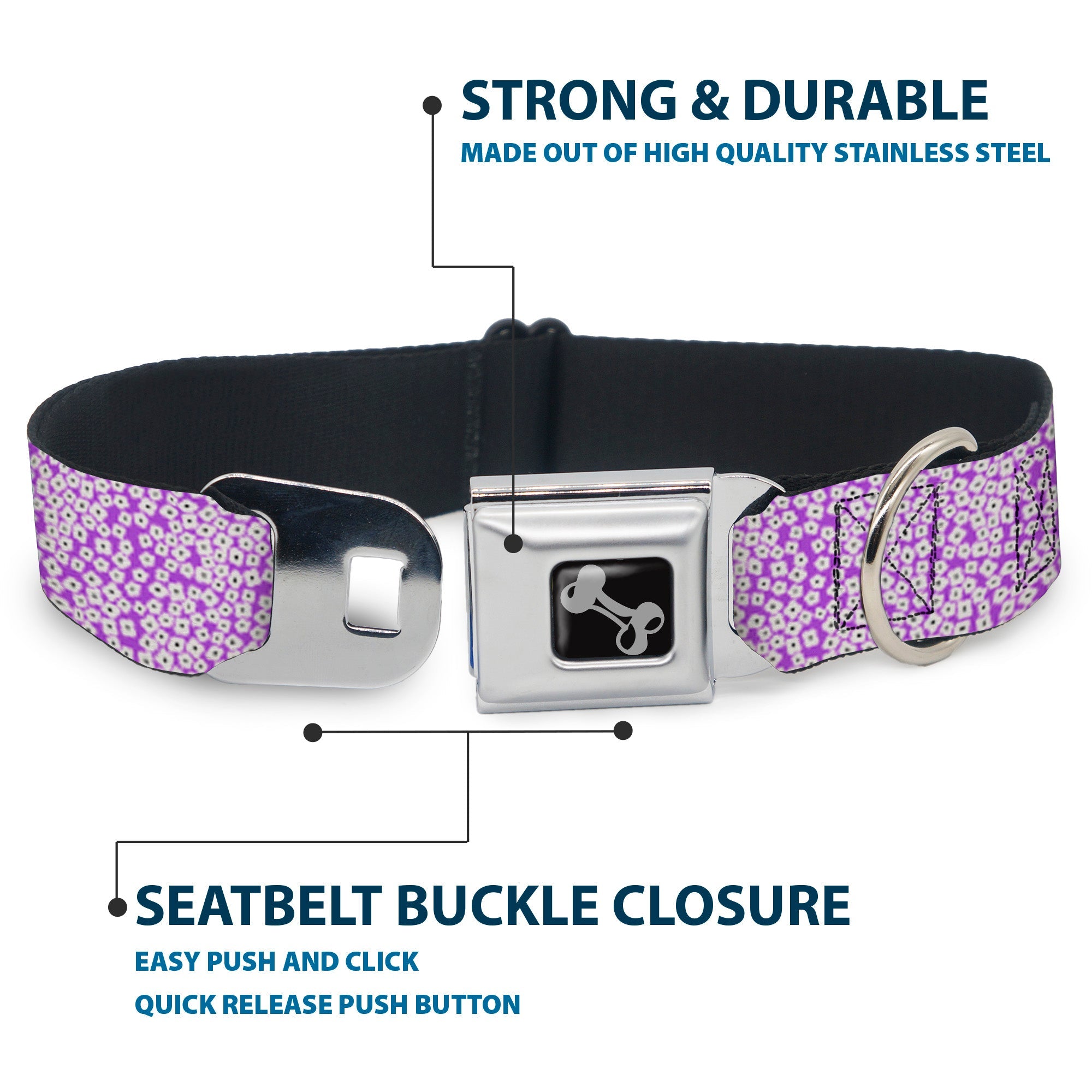 Dog Bone Seatbelt Buckle Collar - Ditsy Floral Lavender/White/Black