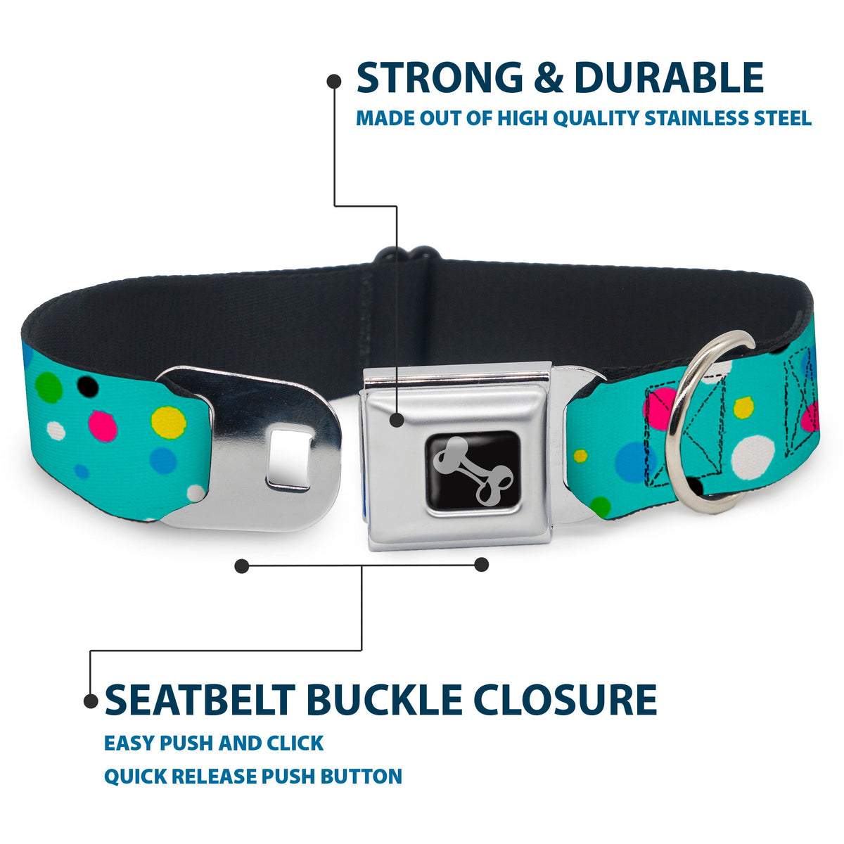 Dog Bone Seatbelt Buckle Collar - Dots Seafoam Green/Multi Pastel