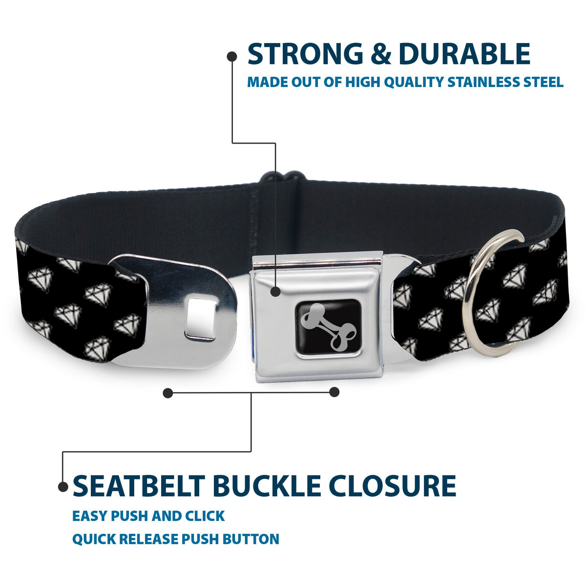 Dog Bone Seatbelt Buckle Collar - Diamonds Diagonal Black/White