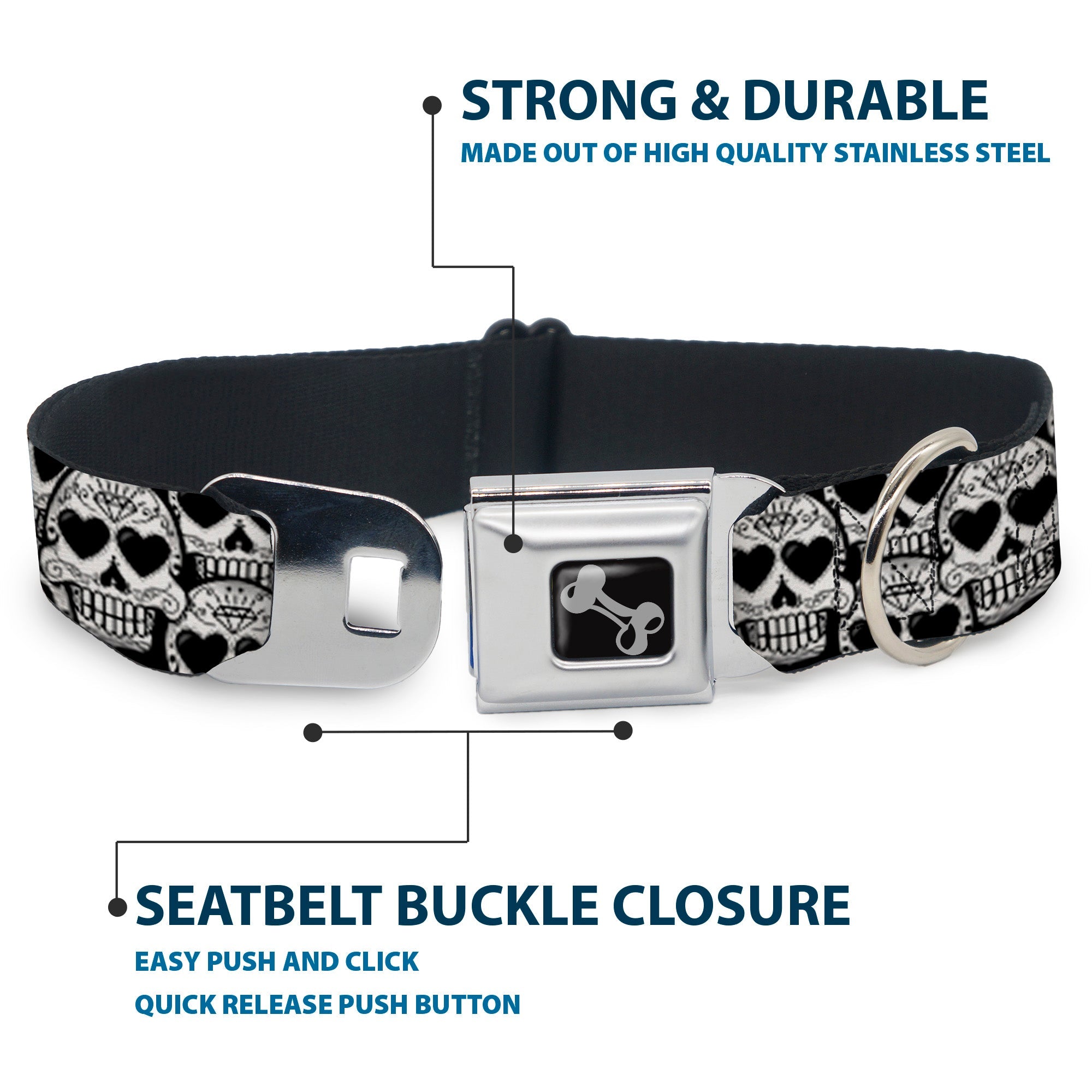 Dog Bone Seatbelt Buckle Collar - Diamond Sugar Skull Stacked Black/Silver Fade/White