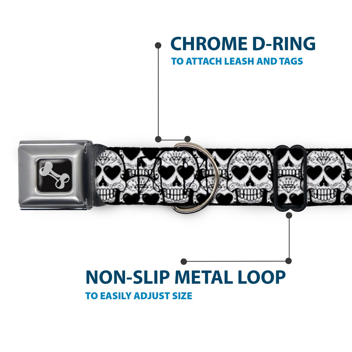Dog Bone Seatbelt Buckle Collar - Diamond Sugar Skull Stacked Black/Silver Fade/White