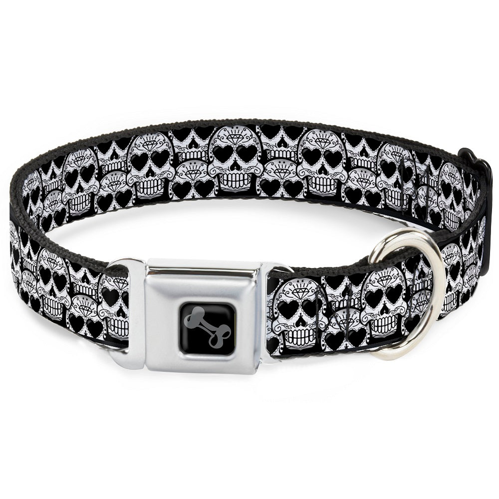 Dog Bone Seatbelt Buckle Collar - Diamond Sugar Skull Stacked Black/Silver Fade/White