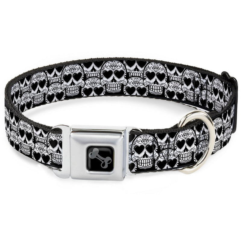 Dog Bone Seatbelt Buckle Collar - Diamond Sugar Skull Stacked Black/Silver Fade/White