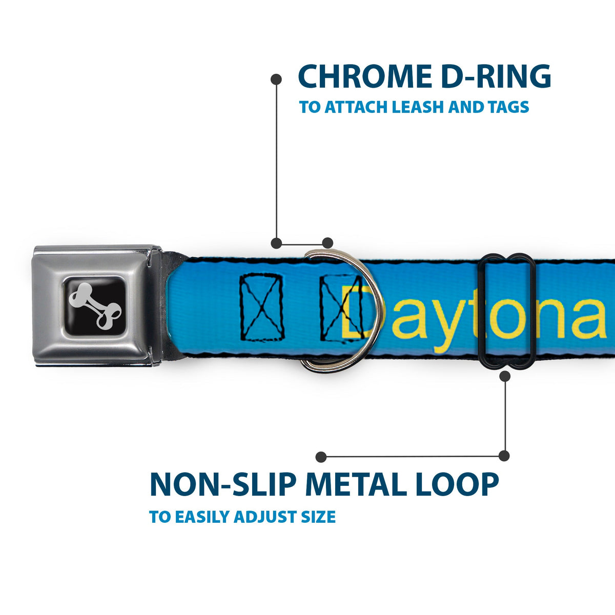 Dog Bone Seatbelt Buckle Collar - DAYTON BEACH Script/Sun/Palm Trees Blue Fade/Yellow/Oranges/Green
