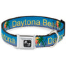 Dog Bone Seatbelt Buckle Collar - DAYTON BEACH Script/Sun/Palm Trees Blue Fade/Yellow/Oranges/Green