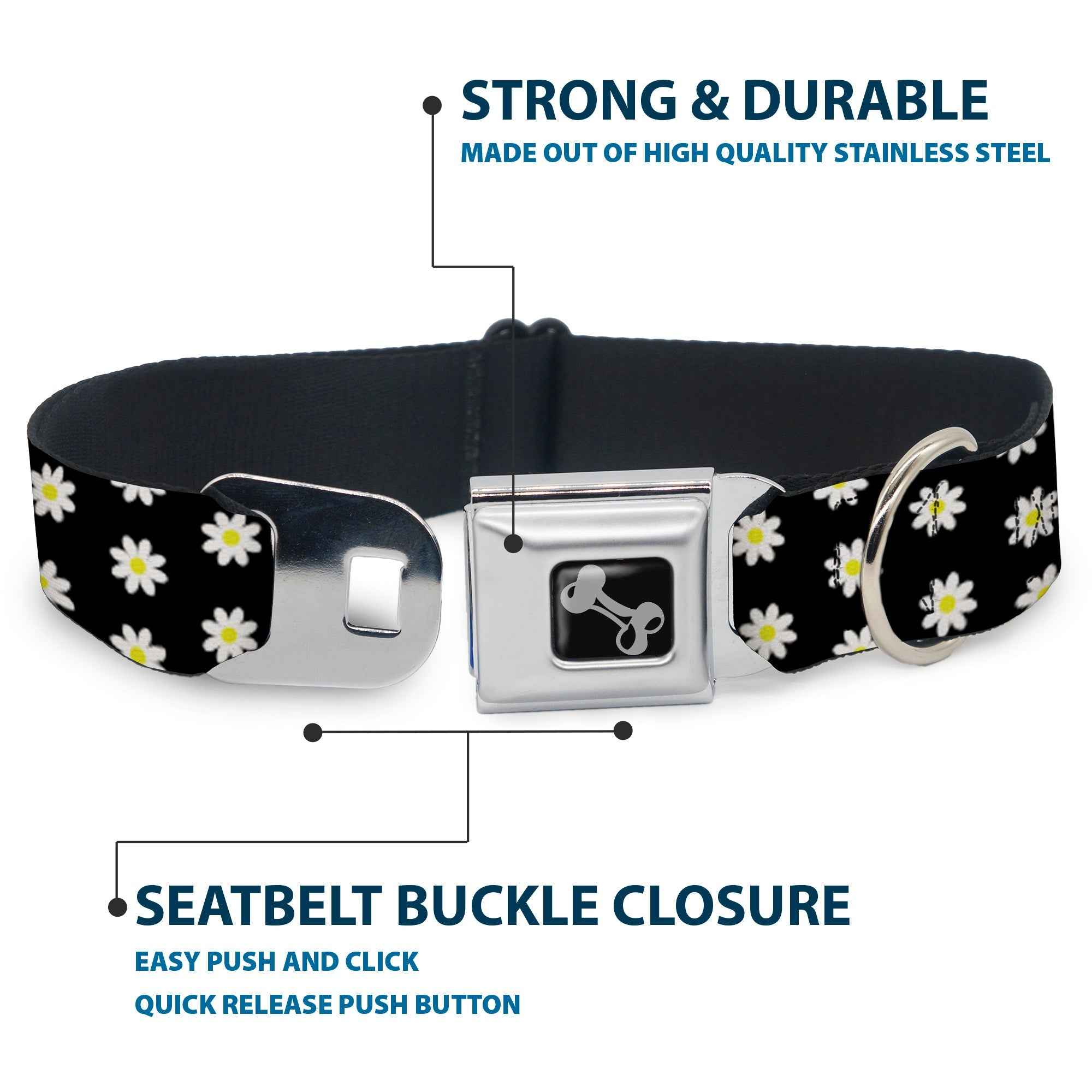 Buckle-Down Dog Bone Black/Silver Seatbelt Buckle Dog Collar - Daisies Scattered Black/White/Yellow