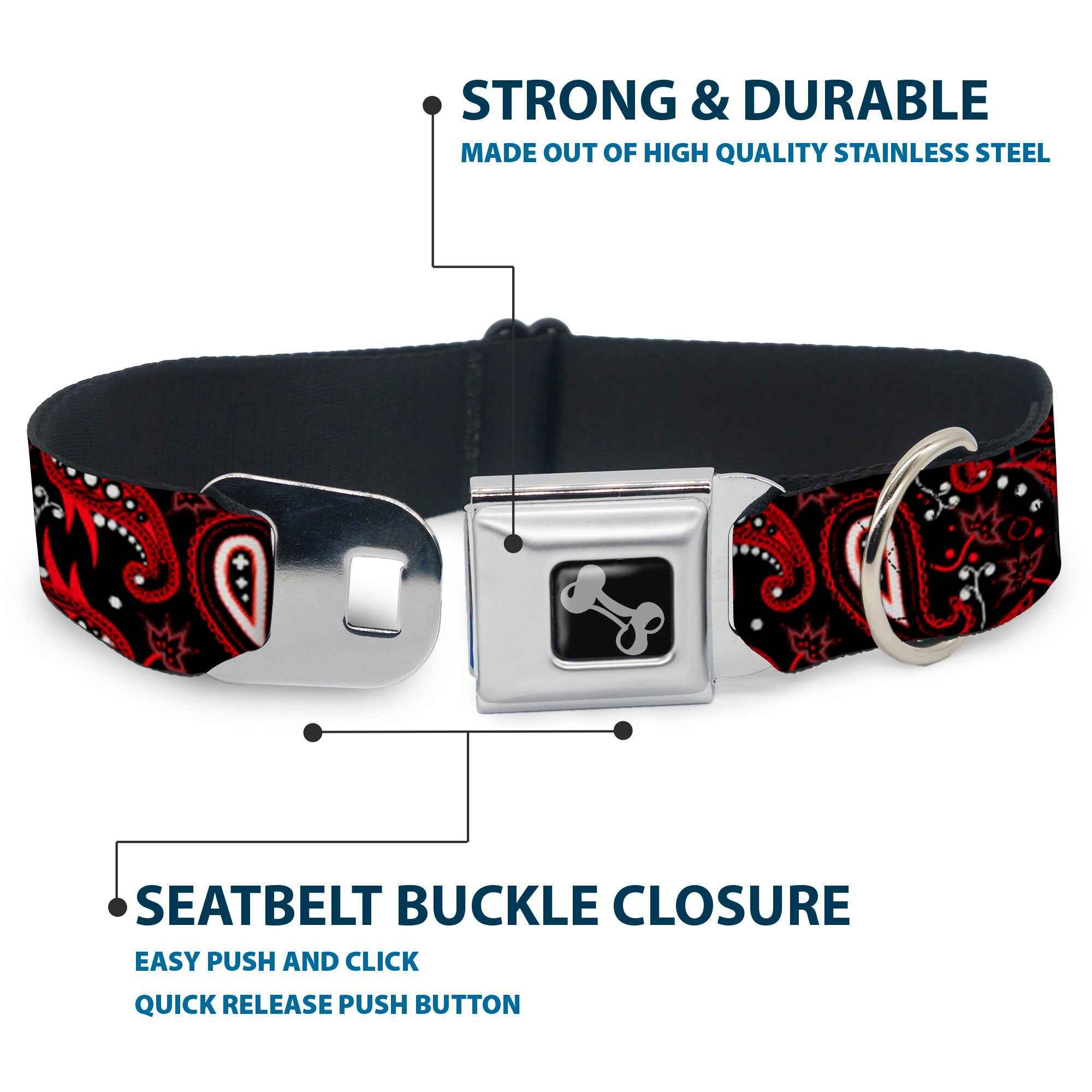 Buckle-Down Floral Paisley3 Black/Red/Gray/White Seatbelt Buckle Dog Collar