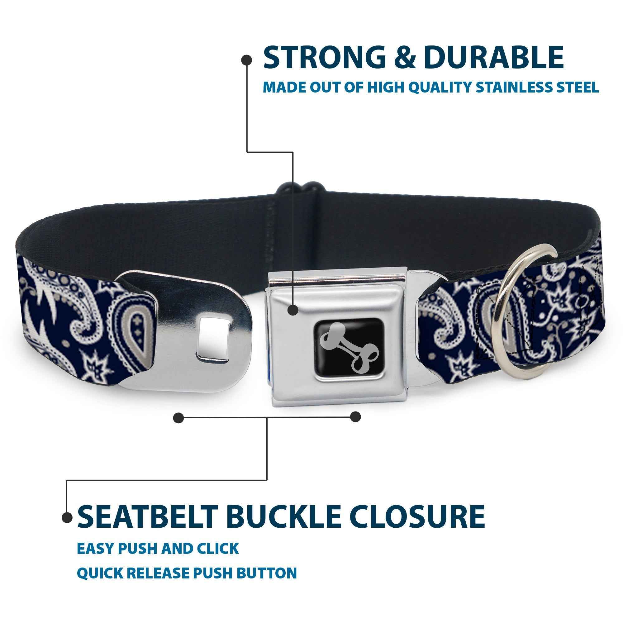 Buckle-Down Floral Paisley3 Blue/White/Gray Seatbelt Buckle Dog Collar