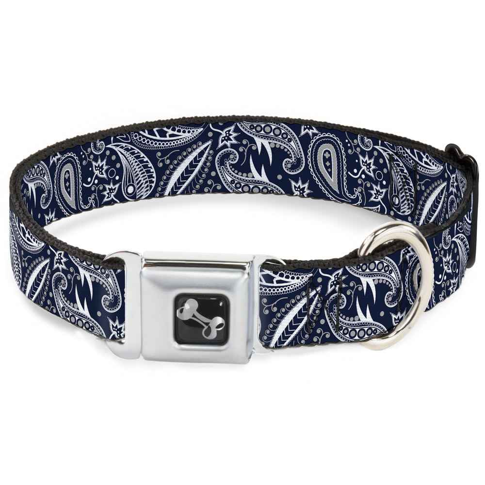 Buckle-Down Floral Paisley3 Blue/White/Gray Seatbelt Buckle Dog Collar