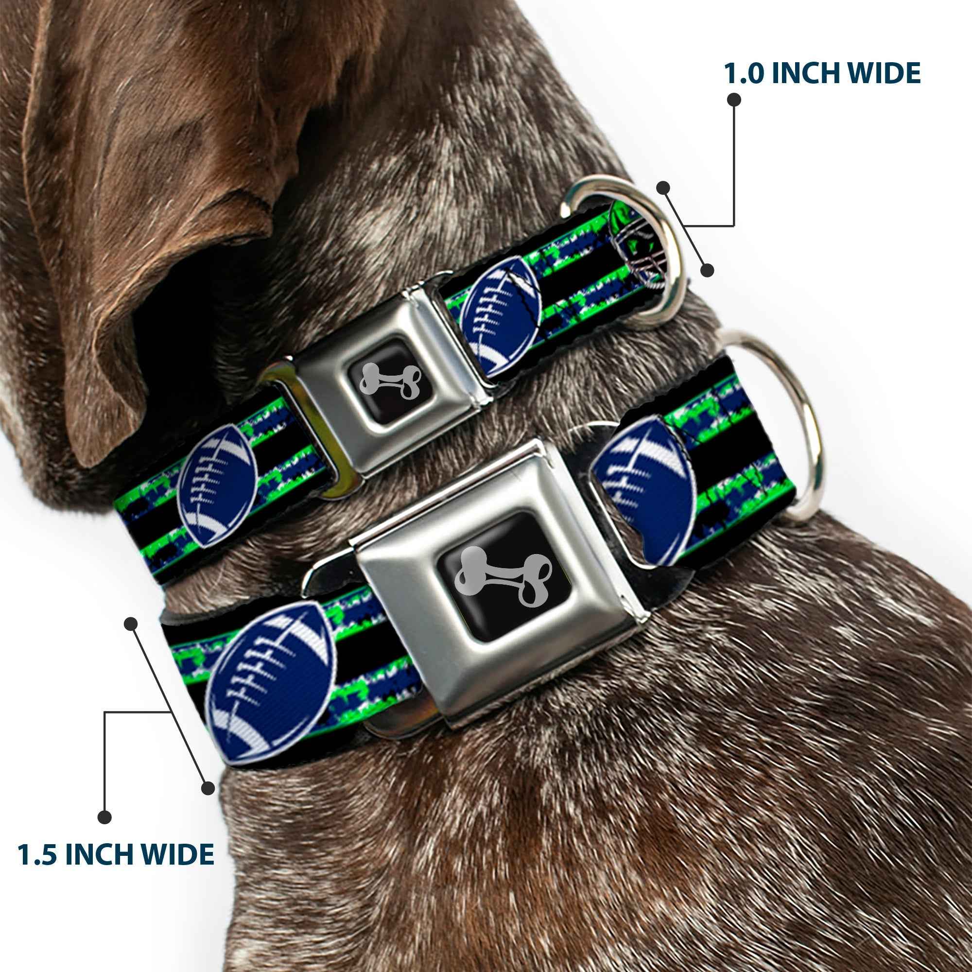 Buckle-Down Dog Bone Black/Silver Seatbelt Buckle Dog Collar - Football/Helmet Stripe Black/Neon Green/Blue