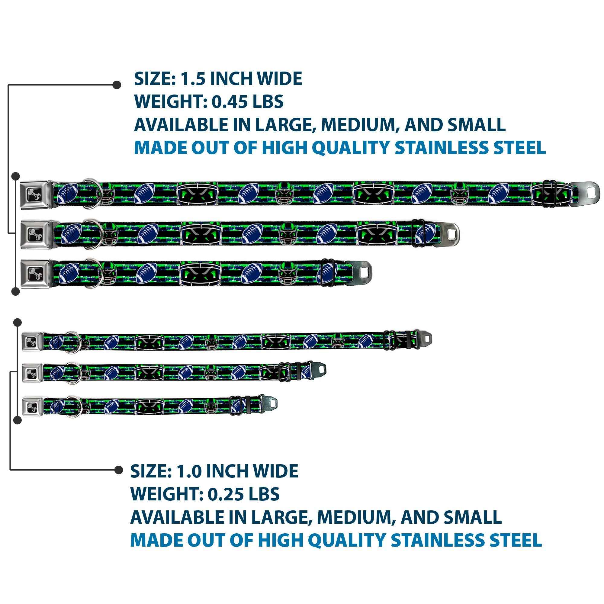 Buckle-Down Dog Bone Black/Silver Seatbelt Buckle Dog Collar - Football/Helmet Stripe Black/Neon Green/Blue