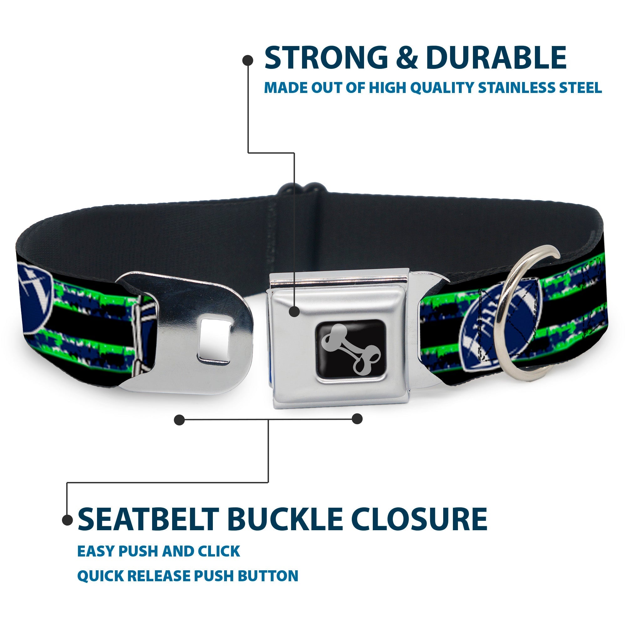 Buckle-Down Dog Bone Black/Silver Seatbelt Buckle Dog Collar - Football/Helmet Stripe Black/Neon Green/Blue