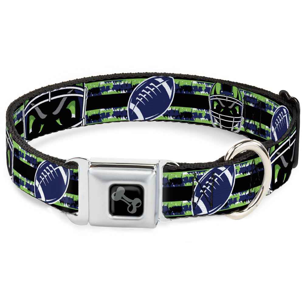 Buckle-Down Dog Bone Black/Silver Seatbelt Buckle Dog Collar - Football/Helmet Stripe Black/Neon Green/Blue