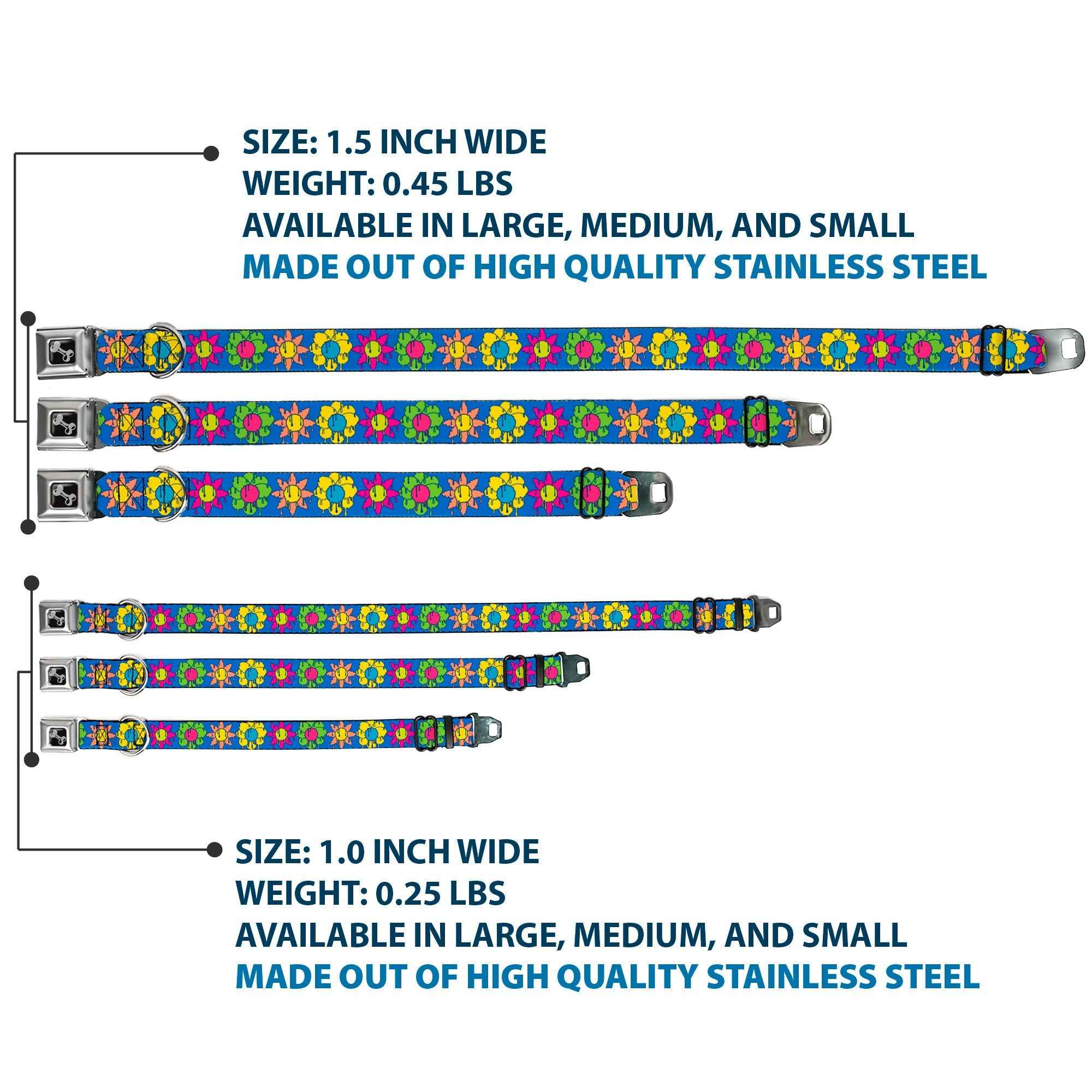 Buckle-Down Dog Bone Black/Silver Seatbelt Buckle Dog Collar - Funky Flower Drip Blue/Multicolor