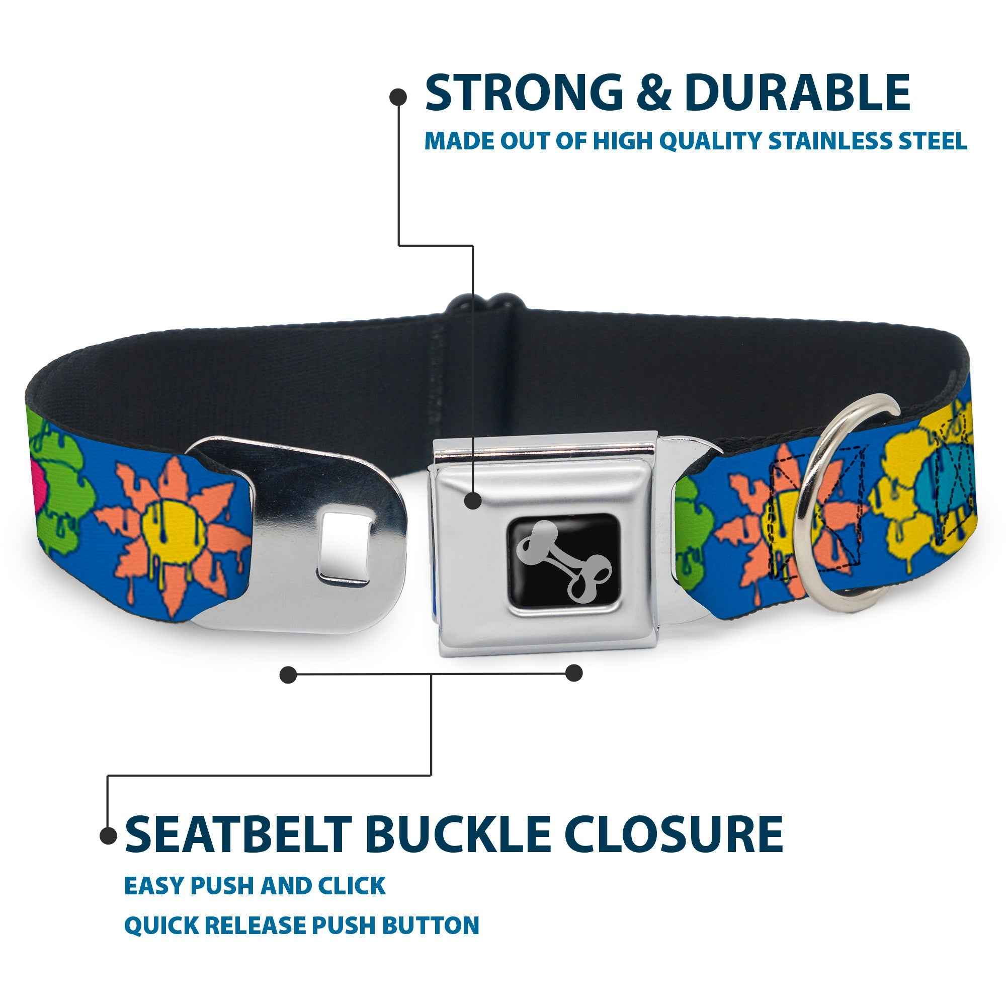 Buckle-Down Dog Bone Black/Silver Seatbelt Buckle Dog Collar - Funky Flower Drip Blue/Multicolor