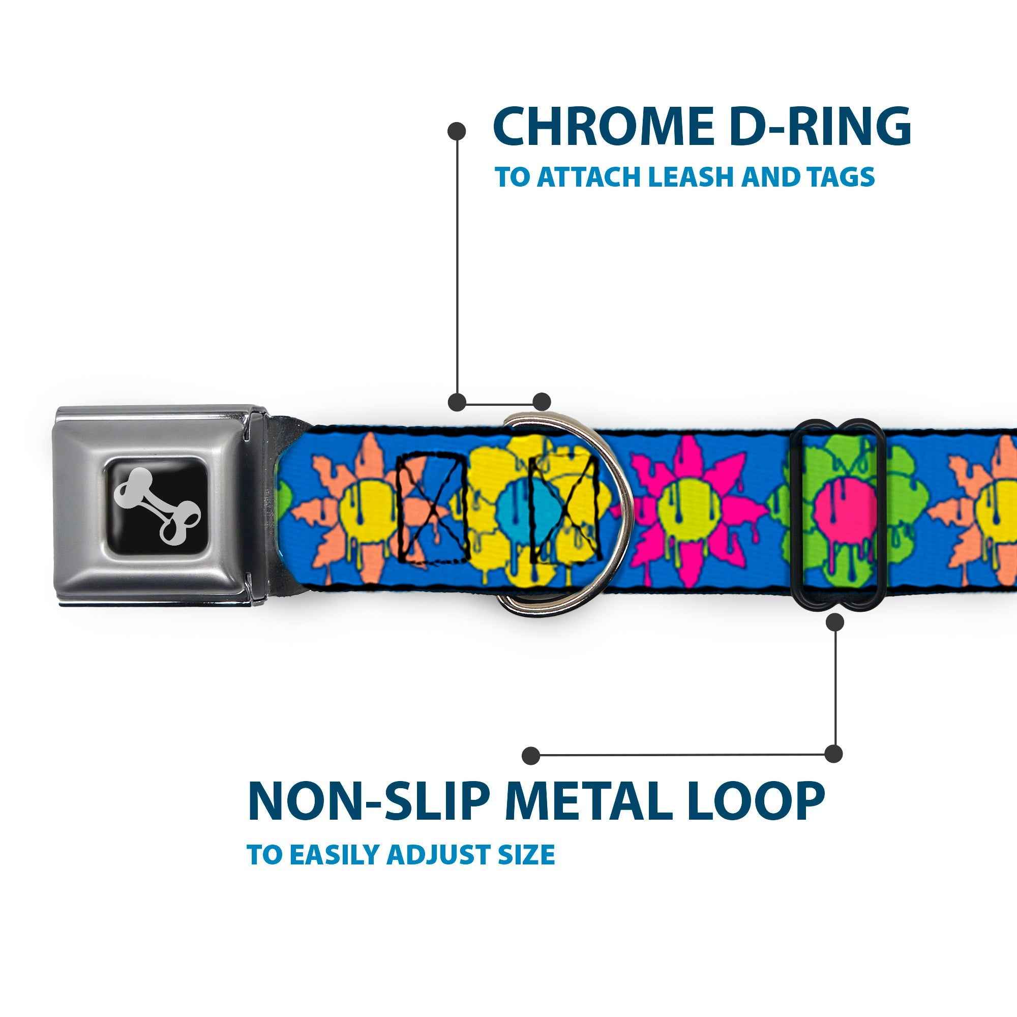 Buckle-Down Dog Bone Black/Silver Seatbelt Buckle Dog Collar - Funky Flower Drip Blue/Multicolor