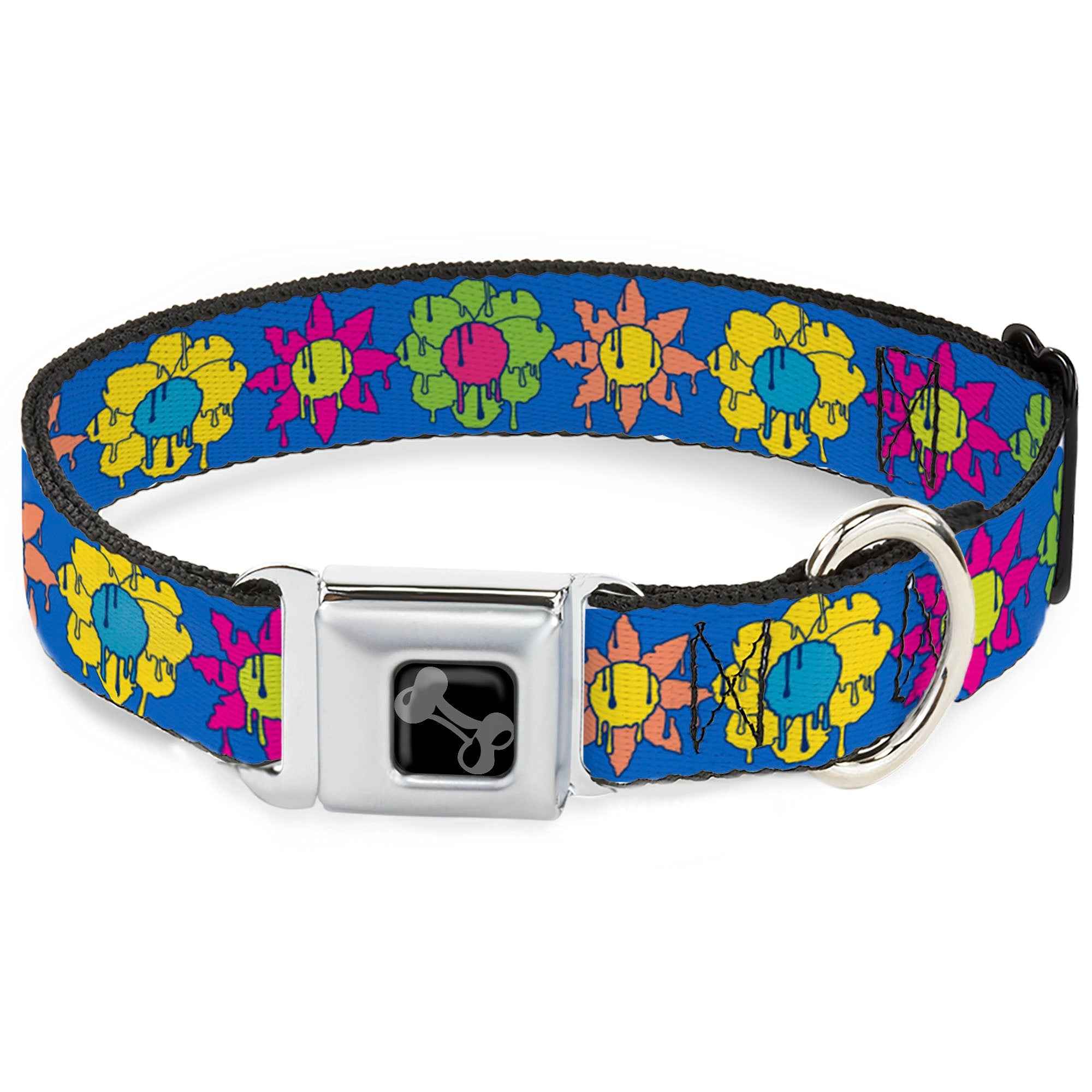 Buckle-Down Dog Bone Black/Silver Seatbelt Buckle Dog Collar - Funky Flower Drip Blue/Multicolor