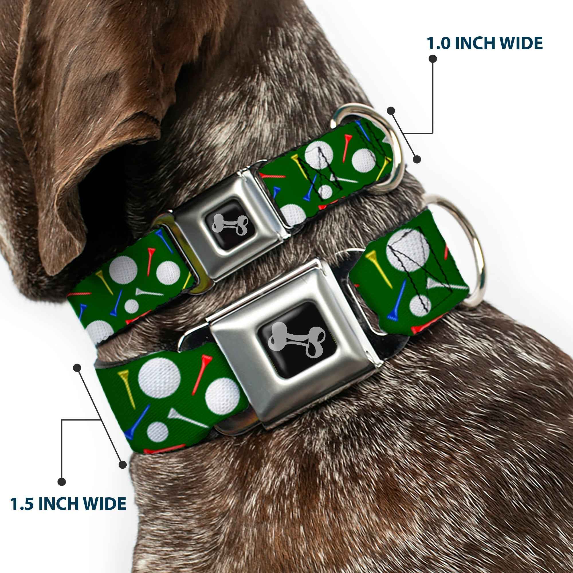 Buckle-Down Dog Bone Black/Silver Seatbelt Buckle Dog Collar - Golf Balls/Tees Scattered Green/Multicolor