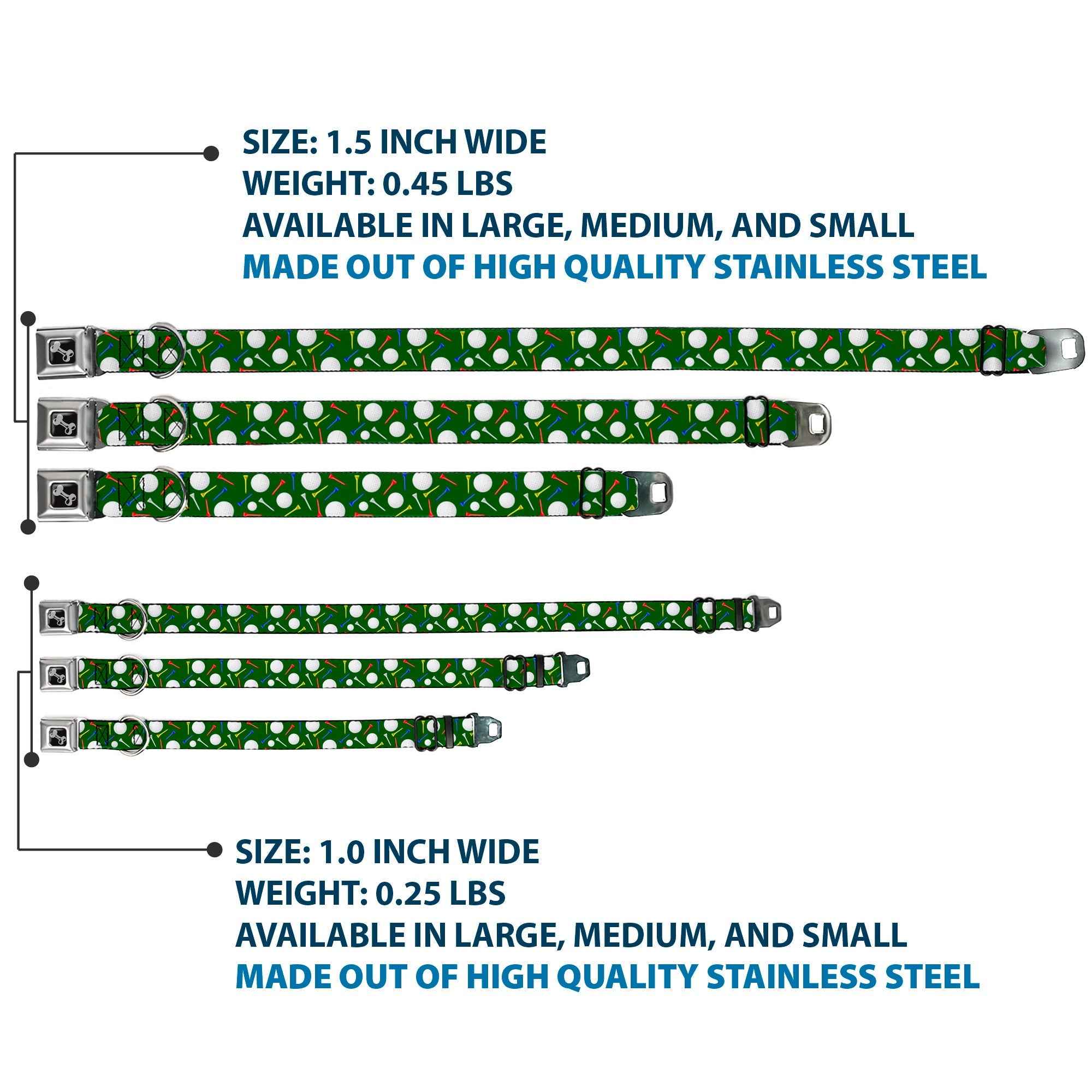 Buckle-Down Dog Bone Black/Silver Seatbelt Buckle Dog Collar - Golf Balls/Tees Scattered Green/Multicolor