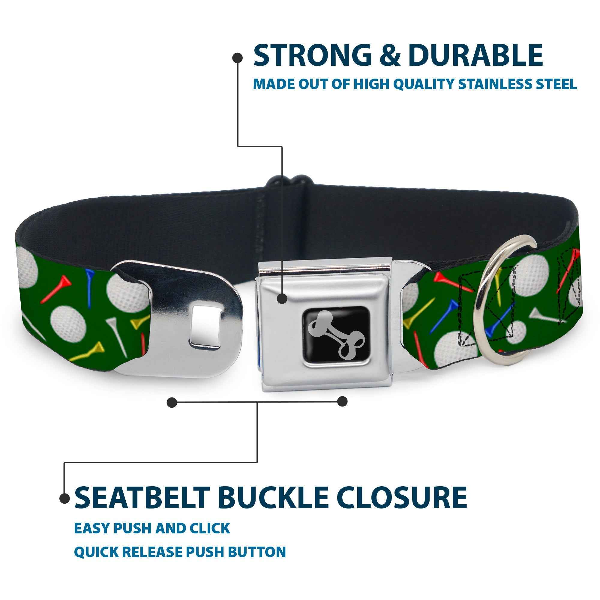 Buckle-Down Dog Bone Black/Silver Seatbelt Buckle Dog Collar - Golf Balls/Tees Scattered Green/Multicolor