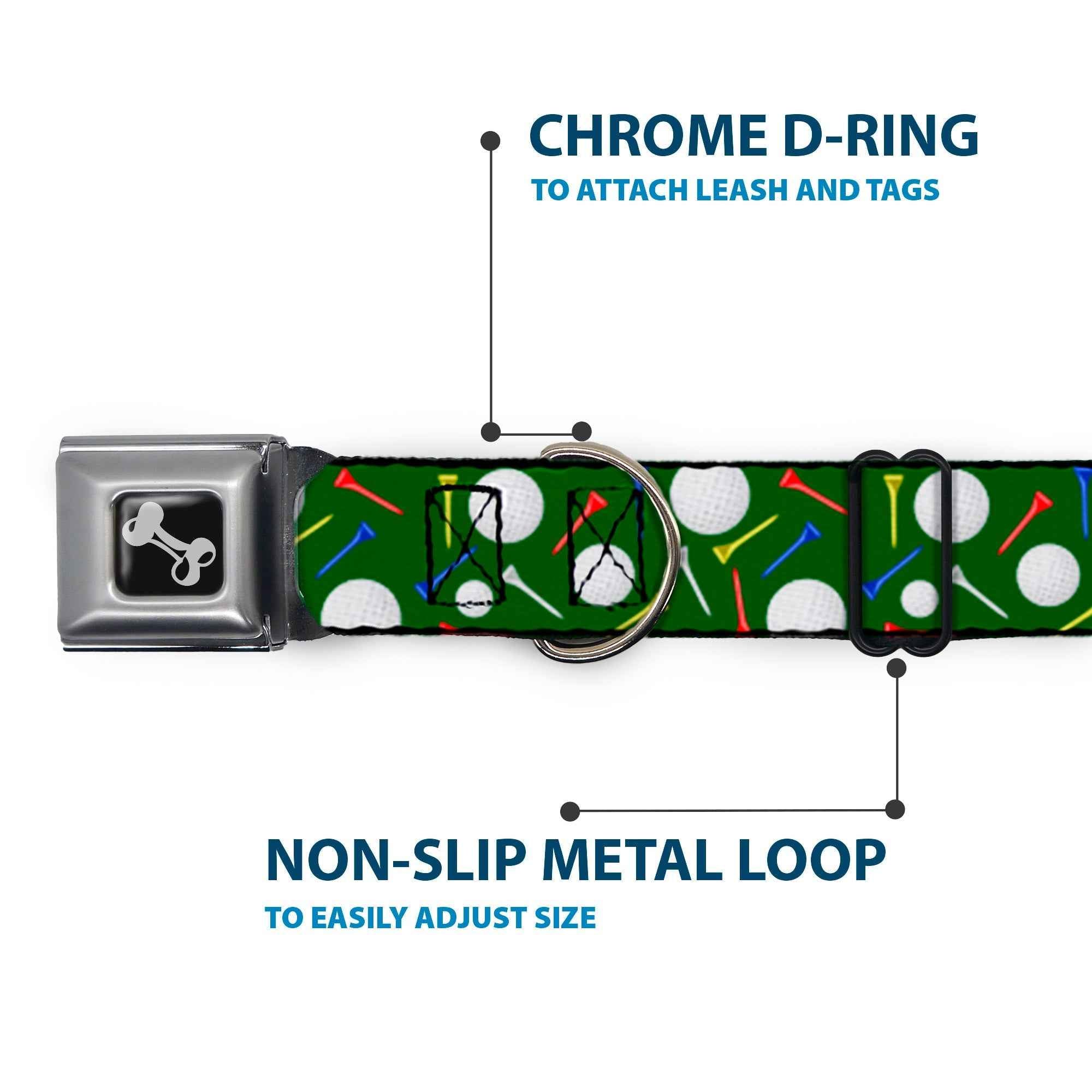 Buckle-Down Dog Bone Black/Silver Seatbelt Buckle Dog Collar - Golf Balls/Tees Scattered Green/Multicolor