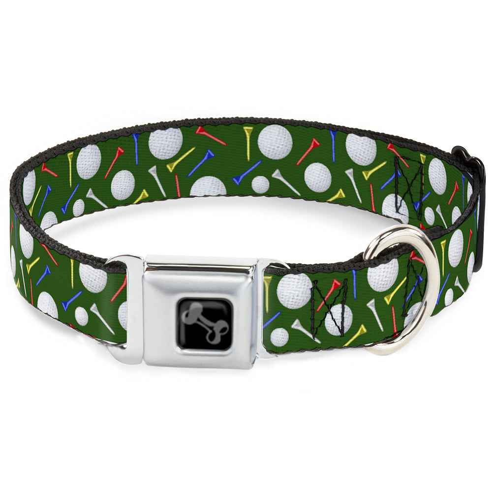 Buckle-Down Dog Bone Black/Silver Seatbelt Buckle Dog Collar - Golf Balls/Tees Scattered Green/Multicolor