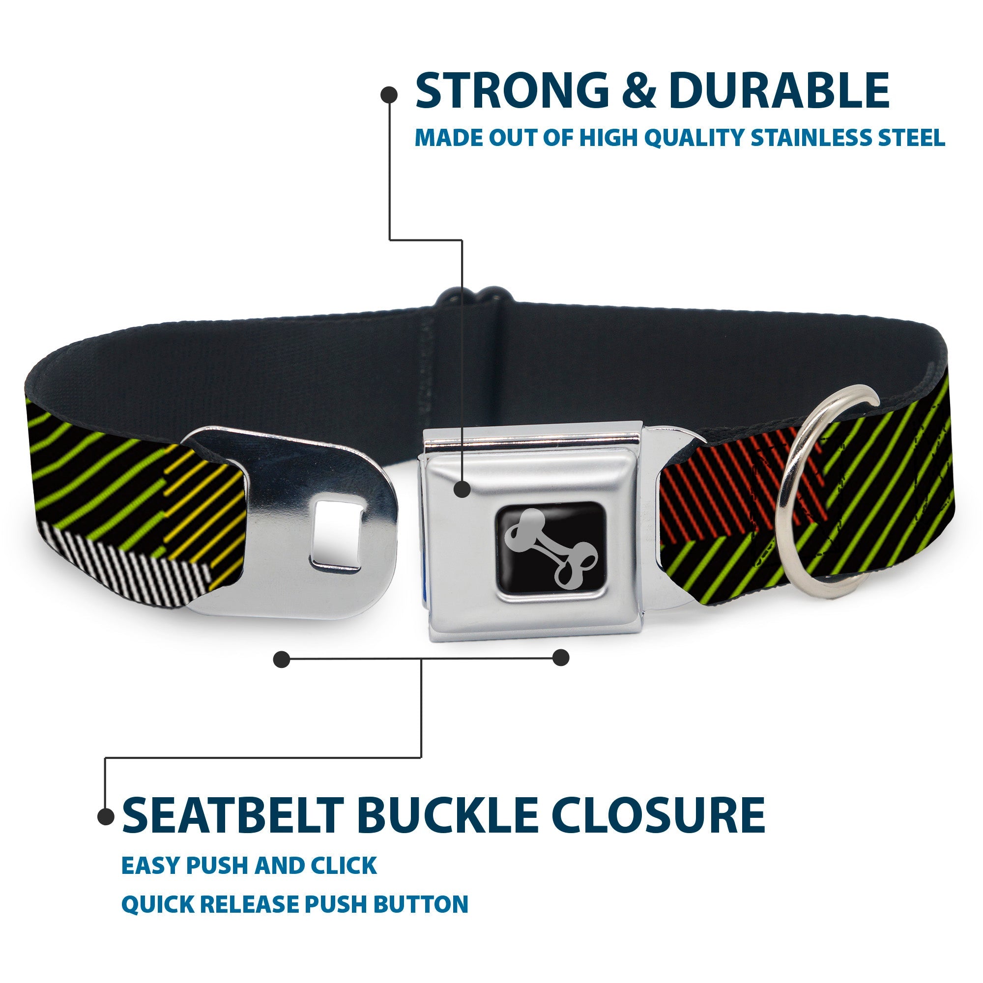 Dog Bone Seatbelt Buckle Collar - Hash Mark Stripe Black/Multi Color