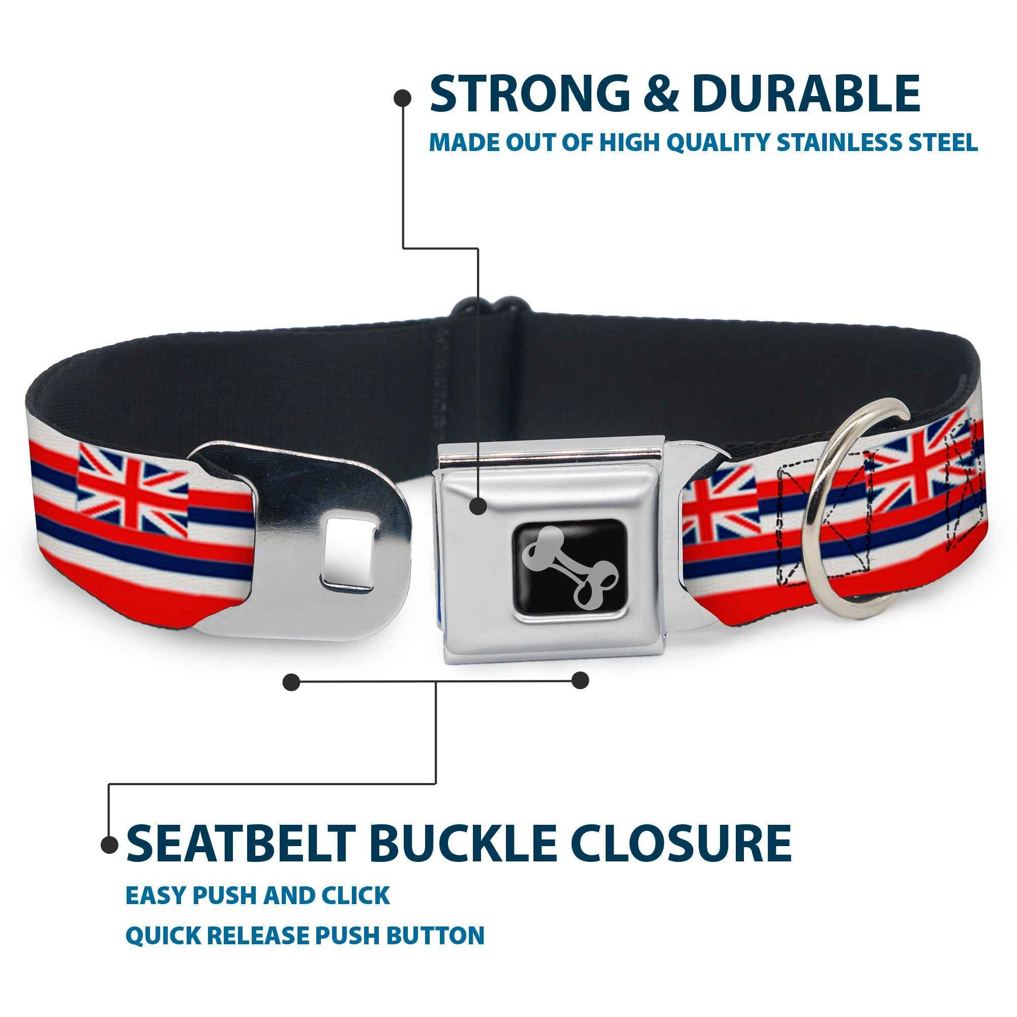 Buckle-Down Dog Bone Black/Silver Seatbelt Buckle Dog Collar - Hawaii Flag Continuous Repeat