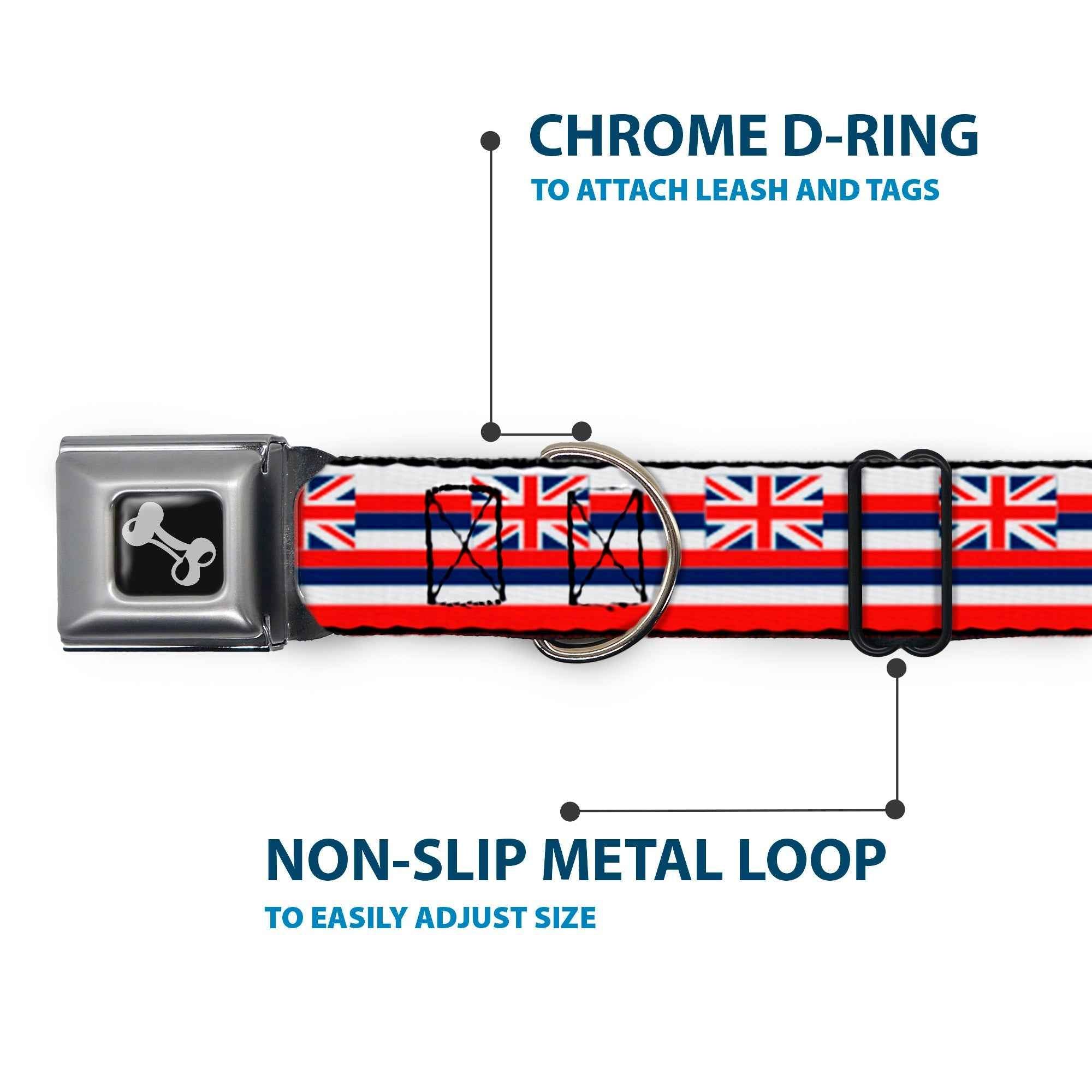 Buckle-Down Dog Bone Black/Silver Seatbelt Buckle Dog Collar - Hawaii Flag Continuous Repeat