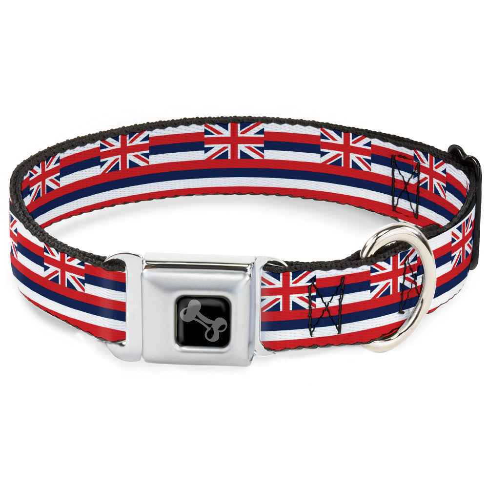 Buckle-Down Dog Bone Black/Silver Seatbelt Buckle Dog Collar - Hawaii Flag Continuous Repeat