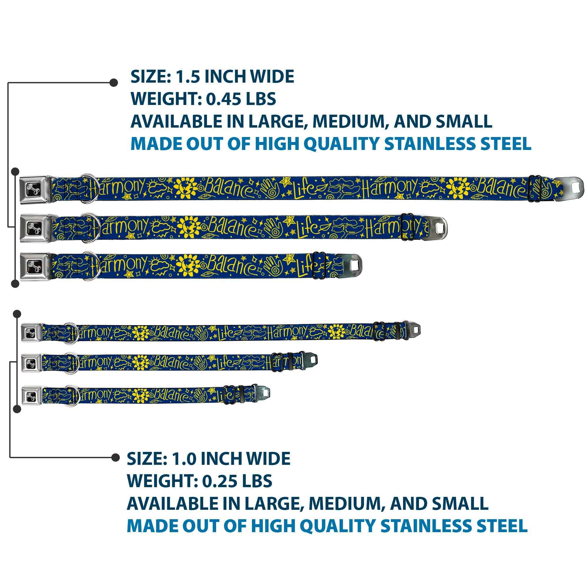 Buckle-Down Dog Bone Black/Silver Seatbelt Buckle Dog Collar - Harmony Balance Life Icons Collage Blue/Yellow