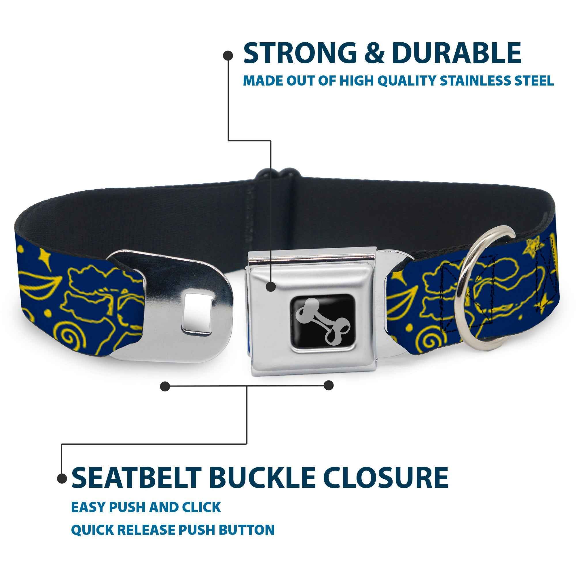 Buckle-Down Dog Bone Black/Silver Seatbelt Buckle Dog Collar - Harmony Balance Life Icons Collage Blue/Yellow