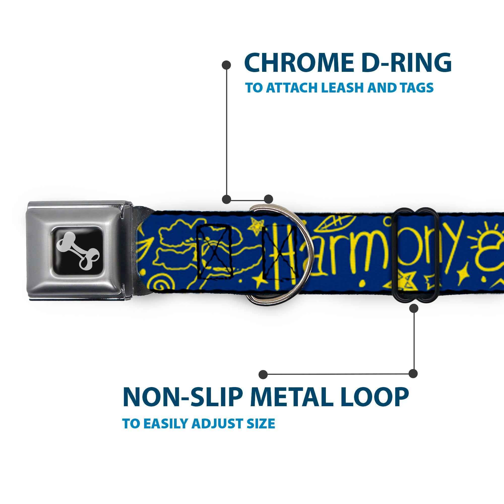 Buckle-Down Dog Bone Black/Silver Seatbelt Buckle Dog Collar - Harmony Balance Life Icons Collage Blue/Yellow