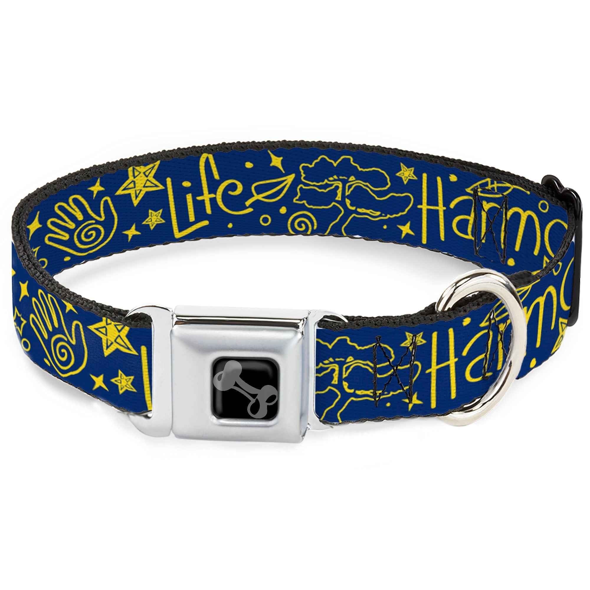 Buckle-Down Dog Bone Black/Silver Seatbelt Buckle Dog Collar - Harmony Balance Life Icons Collage Blue/Yellow