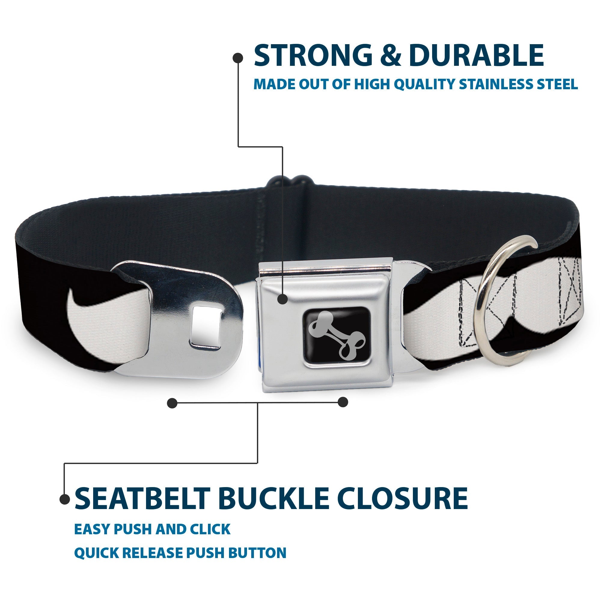 Dog Bone Seatbelt Buckle Collar - Mustache Black/White