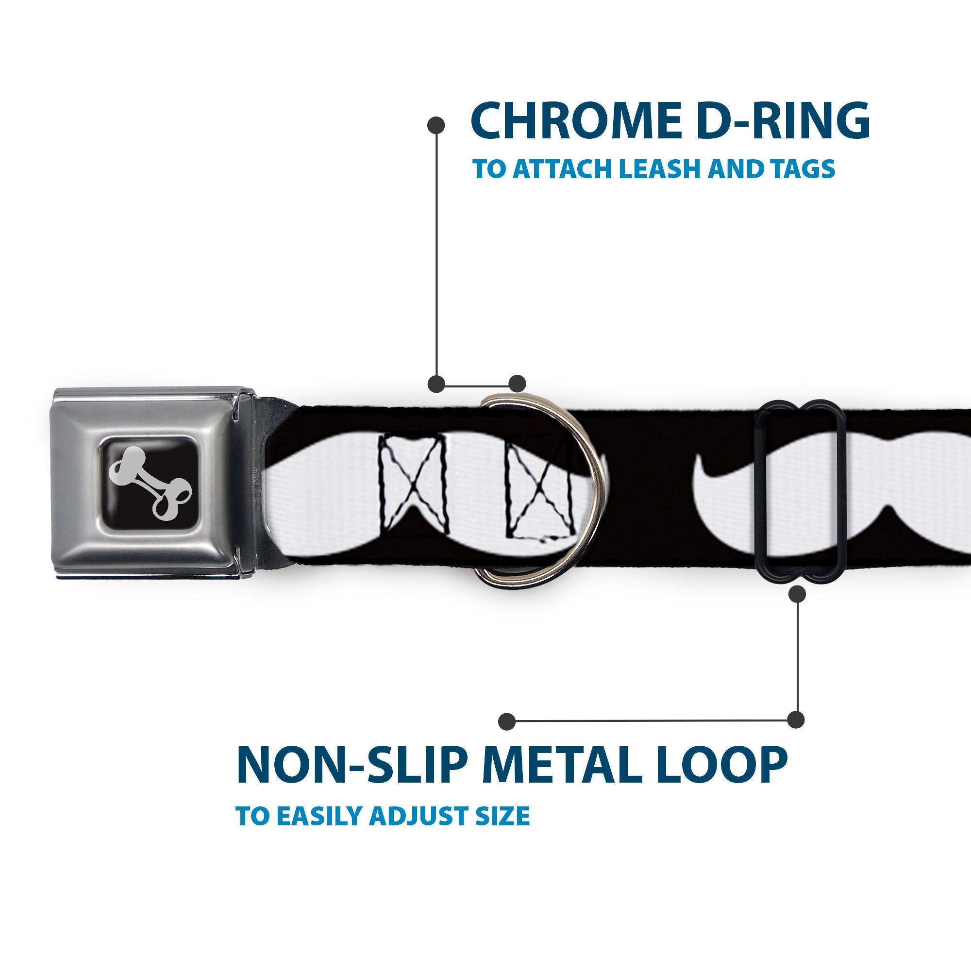 Dog Bone Seatbelt Buckle Collar - Mustache Black/White